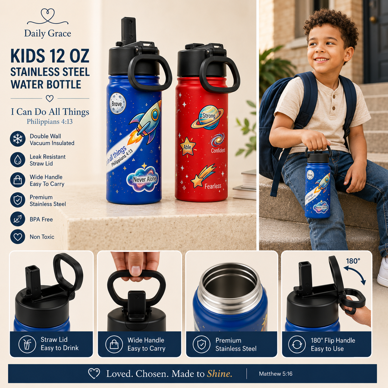 Kids 12oz Stainless Steel Water Bottle – Rocket Philippians 4:13