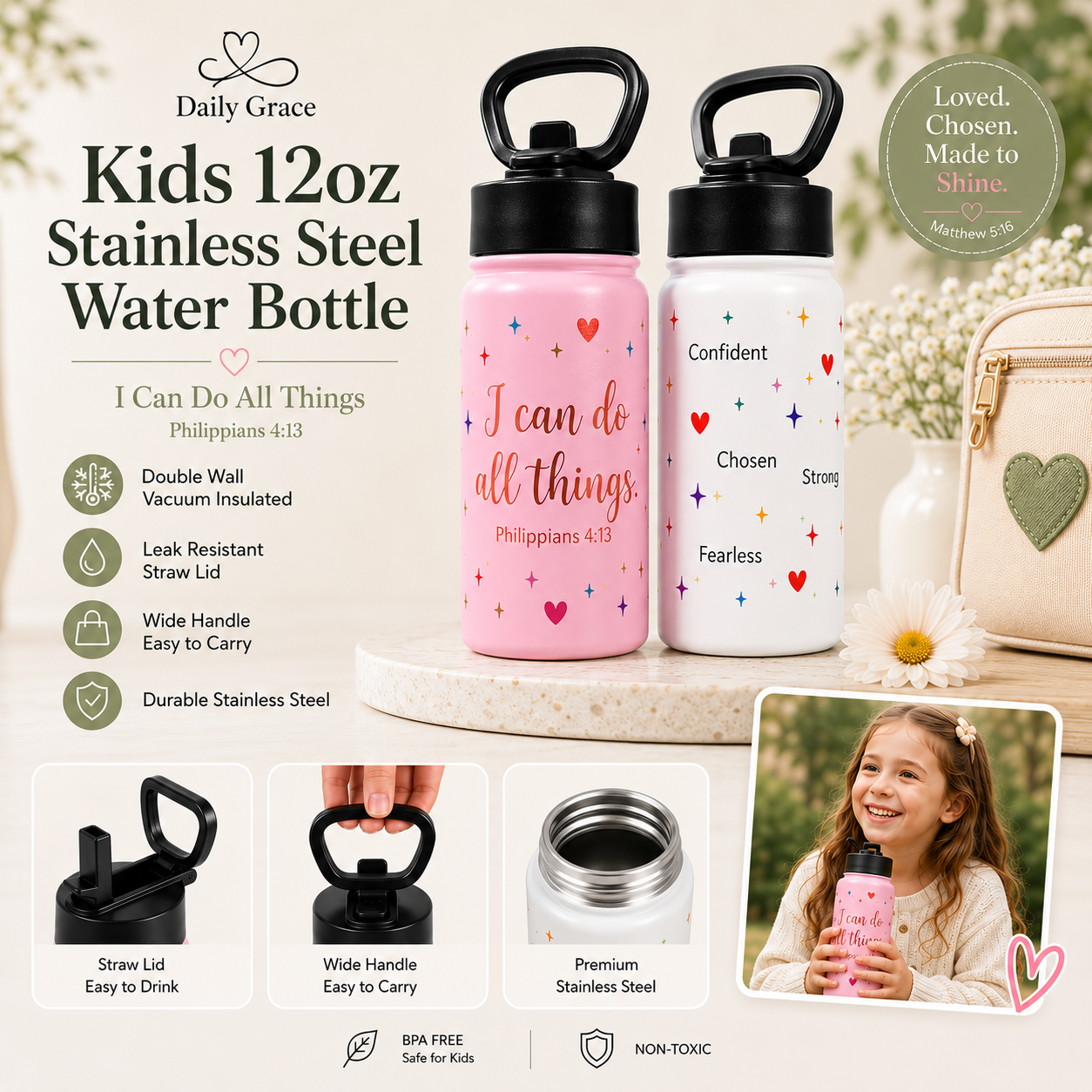 Kids 12oz Stainless Steel Water Bottle – I Can Do All Things