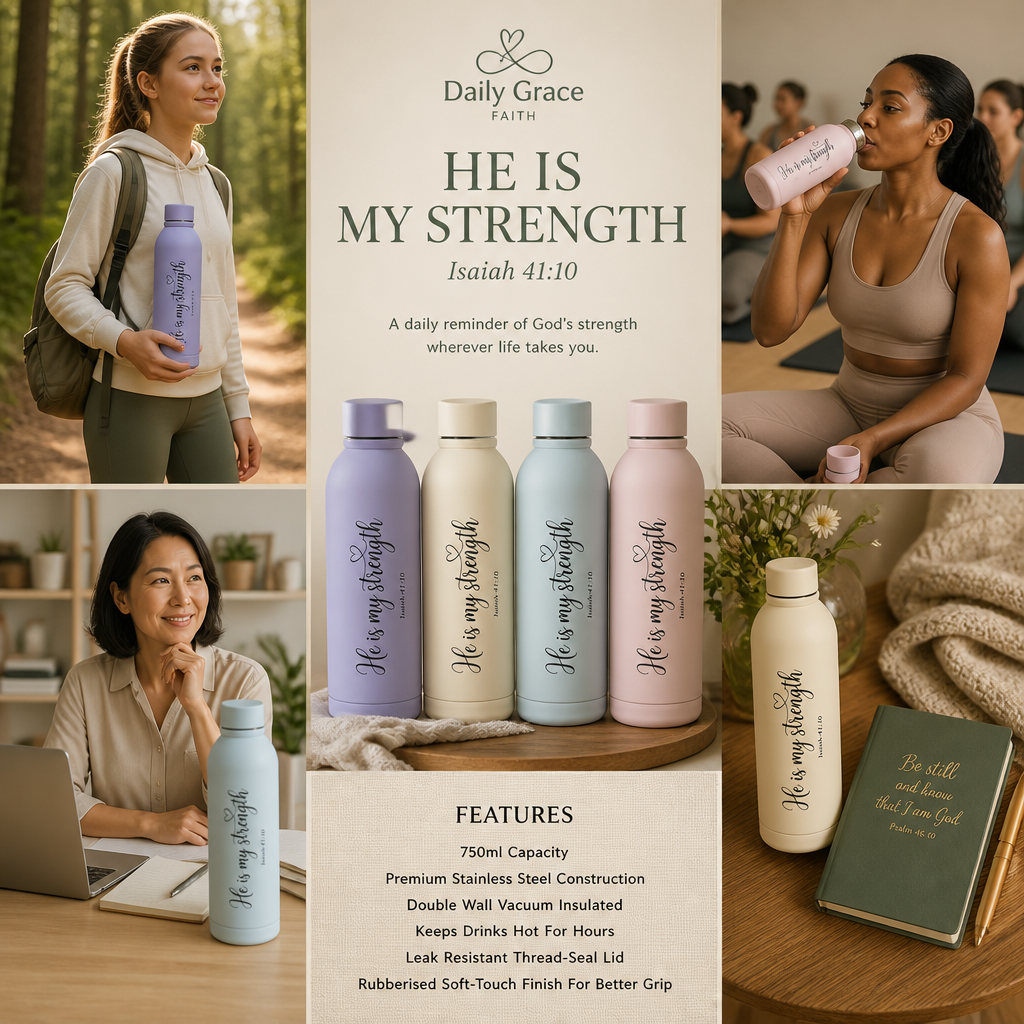 He Is My Strength 750ml Stainless Steel Water Bottle | Isaiah 41:10