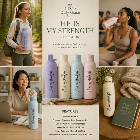 He Is My Strength 750ml Stainless Steel Water Bottle | Isaiah 41:10