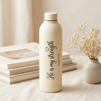 He Is My Strength 750ml Stainless Steel Water Bottle | Isaiah 41:10